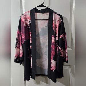 Elegant Black and Pink Floral Kimono Robe